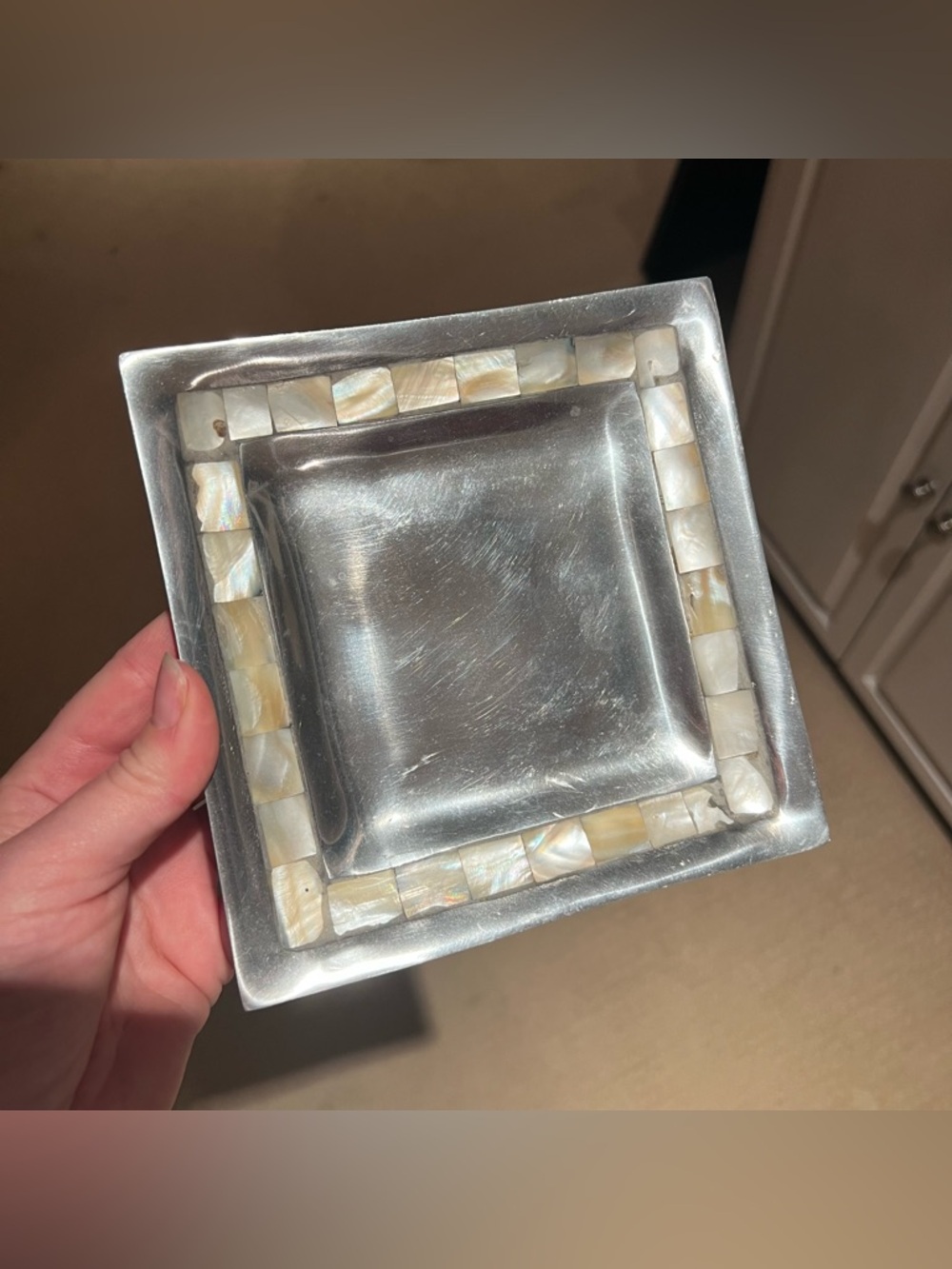Silver and Pearl Inlay Square Dish Trinket Tray